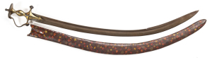 INDIAN TULWAR: exc cond 30½" watered steel blade, single wide fuller, museum No. to edge, 10" back edge; vg. cond even brown finish to blade; traditional hilt with bar & disc fully worked in gold koftgari, some wear to high spots; complete with painted ca