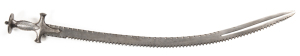 INDIAN SERRATED TULWAR with ZULFAQAR POINT: vg cond 30" unfullered blade with serrated teeth from ricasso to point & scalloped back edge, point is split for 9¼" forming zulfaqar; soft grey patina to blade; traditional hilt & disc of chiselled steel with s