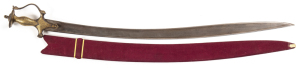 SCARCE INDIAN SOSUN PATAH: vg. cond 30½" recurved watered steel blade with back rib; soft plum grey patina to blade; traditional hilt with bar & disc fully adorned with gold koftgari designs, 95% intact; complete with g. cond mauve cloth covered wood scab