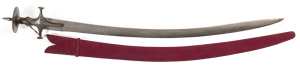 INDIAN TULWAR: vg cond 33½" watered steel unfullered blade, 9" back edge; light blemishes to blade at ricasso & expert repair at forte; traditional hilt with bar & disc fully adorned with silver koftgari, 80% intact; complete with g. cond mauve cloth over