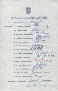 1965 New Zealand Team to India, Pakistan and the UK, official team sheet with 17 signatures including John Reid (captain), Graham Dowling & Bert Sutcliffe.