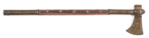 INDIAN TABAR: the axe head, top & bottom sections of iron haft are damascened in gold with intricate patterns; centre section of haft covered in red velvet with considerable wear & narrow iron strapping to haft with 4 brass studs & traces of gold damascen