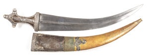 VERY EARLY, ORNATELY DECORATED SAUDI ARABIAN WAHABITE JAMBIYA DAGGER: good 17½" double edged, curved blade with medial ridge & minor staining; horn cruciform shaped hilt overlain with silver straps & embellished with 6 large silver pearl shaped nodules; v