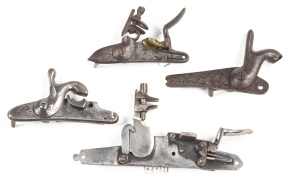 LOT OF 4 VARIOUS DETACHED MILITARY LOCKS & HAMMERS: French flintlock hammer & lock. Rare English 1640 dog lock hammer & lock. Continental percussion cap lock with spurious English Tower marks. French or Belgium back action lock & hammer. All complete, g