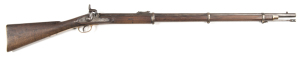 N.S.W. ISSUE HAY PATTERN PERCUSSION RIFLE: 577 Cal; 36" barrel; f. bore; standard sights & fittings; borderline engraved lock plate inscribed ISAAC HOLLIS & SONS LATE HOLLIS & SHEATH BIRMINGHAM; bronze t/guard marked N.S.W. bronze furniture with butt plat