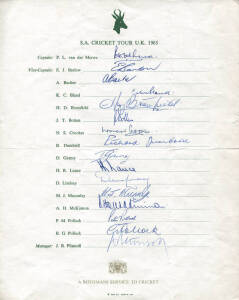 1965 South African Team, official team sheet with 16 signatures including Peter Van Der Merwe, Peter Pollock & Graeme Pollock. Light folds, otherwise fine condition.