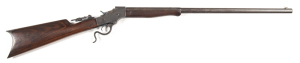 STEVENS MOD. 44 FALLING BLOCK S/SHOT RIFLE: 25-25 Cal; 26" round to octagonal barrel with 2 line address to top flat; wedge front sight & tang mount Vernier peep sight; g. profiles & clear markings; mottled plum finish to barrel; grey/blue frame & lever; 