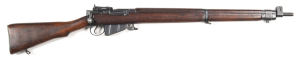 LONGBRANCH NO4 MKI B/A SERVICE RIFLE: 303 Cal; 10 shot mag; 25.2" replaced Sportco barrel with no bayonet lugs; g. bore; standard sights & fittings; side rail marked NO 4 MKI* LONGBRANCH 1942; g. profiles & clear markings; 85% flat black finish remains wi