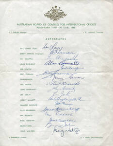 1968 Australian Team, official team sheet with 17 signatures, noted Bill Lawry, Alan Connolly, Barry Jarman & Ian Chappell. Folded, otherwise VG condition.