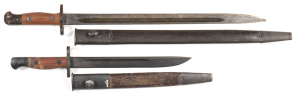 LOT X 2 BAYONETS: LITHGOW 1907 PATT; dated 1916; g. blade & grips; comes with tear drop scabbard. AUSTRALIAN OWEN GUN BAYONET: vg 10" blade marked XOAá, obverse side MA 1907-1 11-44 n/s; both vg cond.