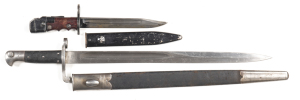 LOT X 2 BRITISH BAYONETS: NO.7 MKI Knife bayonet; g. blade & grips; w/s. 1887 PATT SWORD BAYONET: g. 18.5" blade with WD & VR & dated 1891; w/s & matching; both g. cond.