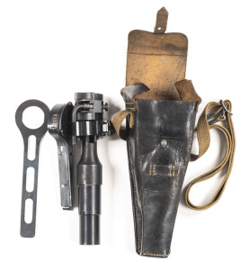 RARE, COMPLETE THREE PIECE GERMAN WWII GRENADE LAUNCHING KIT: known as GEWEHRGRANATGERAT & fitted in its original leather carry case, as issued with the 98K rifle. The kit contains the two piece rifle grenade launcher, special rear sight assembly with at