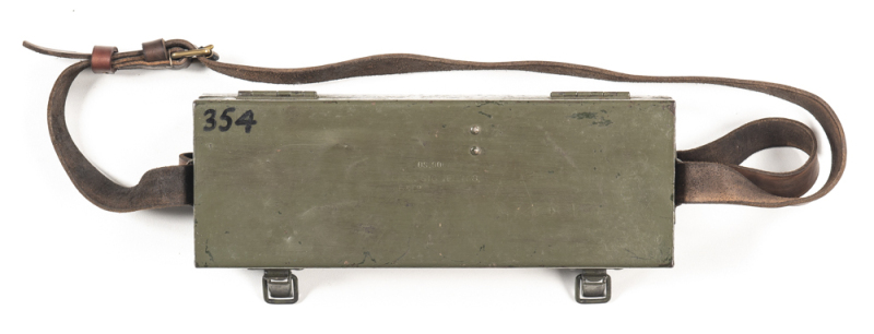 SCARCE LATE ISSUE BRITISH MILITARY SCOPE CASE for the No.32 scope: marked OS 906A CASE STG TEL NO 8 B & Co; case retains 95% original khaki painted finish with leather strap marked DáD; vg cond. Possibly one of the few used by the Australian Army.