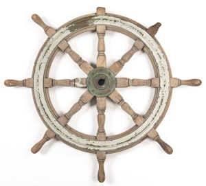 HISTORICAL BRITISH NAVAL SHIPS WHEEL FROM THE BATTLESHIP RODNEY: wheel Circumference 27” to extremities of handles 36”; the Rodney, in conjunction with the Prince of Wales Battleship, played a major role in the sinking of the German battleship Bismarck in