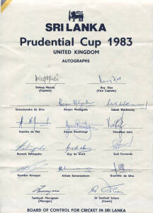 SRI LANKA: Collection of team sheets comprising 1977 v MCC; 1977 v Derrick Robins' XI; 1982 v India; 1983 World cup; 1983 v West Indies; also 1982 Arosa Sri Lanka (2 team sheets). G/VG.