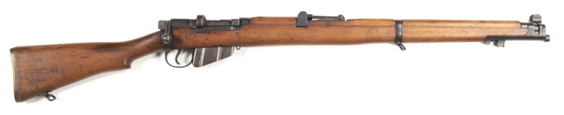 LITHGOW SMLE MKIII* B/A SERVICE RIFLE: 303 Cal; 10 shot mag; 25.2" barrel; vg bore; standard sights; receiver ring marked MA LITHGOW SMLE III* & dated 1941; vg profiles & clear markings; blue/plum finish to all metal parts; vg stock with minor bruising; g