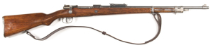 MAUSER 98 B/A SERVICE RIFLE: 30-06 Cal; 5 shot mag; 23" barrel; g. bore; standard sights; rhs of breech marked FAMAGE; g. profiles & clear markings; thin blue finish to barrel; receiver, floor plate & fittings; g. refinished stock; gwo & cond. 