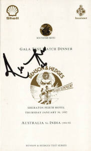 INDIA: Autograph page signed by 1977 Indian team for 3rd Test in Melbourne, with 10 signatures; plus 1991/92 Gala Test Match Dinner menu signed on front by Kapil Dev.