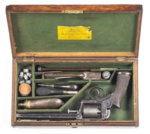 CASED DEANE ADAMS & DEANE DRAGOON PERCUSSION REVOLVER: 38 bore; 5 shot cylinder; 190mm (7½”) octagonal barrel; vg bore; standard sights; top strap inscribed DEANE ADAMS & DEANE 30 KING WILLIAM ST LONDON BRIDGE; borderline engraved frame with sections of f