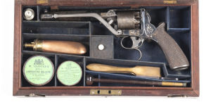 CASED DOUBLE TRIGGER 3RD MODEL TRANTER PERCUSSION REVOLVER: 54 bore; 5 shot cylinder with London proofs; 157mm (6 1/8”) octagonal barrel; vg bore; standard sights with B. COGSWELL 224 STRAND LONDON & London proofed; borderline engraved frame with areas o