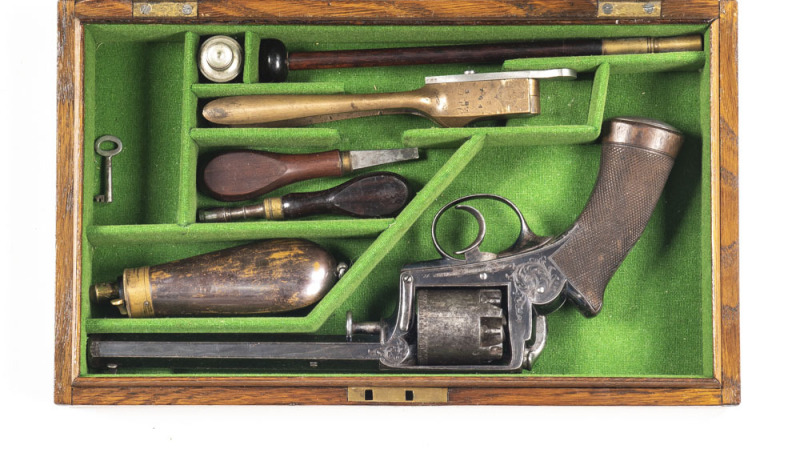 CASED DEANE ADAMS & DEANE MODEL 1851 PERCUSSION REVOLVER: 54 bore; 5 shot cylinder with London proofs; 165mm (6½”) octagonal barrel; g. bore; top strap inscribed DEANE ADAMS & DEANE 30 KING WILLIAM ST LONDON BRIDGE; borderline & foliate engraved frame wit