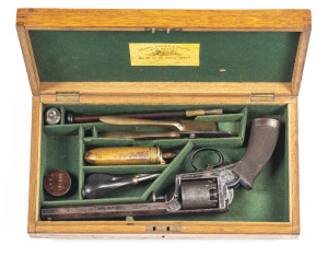 CASED DEANE ADAMS & DEANE DRAGOON PERCUSSION REVOLVER: 38 bore; 5 shot cylinder with London proofs; 197mm (7¾”) octagonal barrel; vg bore; standard sights & London proofs; DEANE ADAMS & DEANE 30 KING WILLIAM ST LONDON BRIDGE DEANE ADAMS & DEANE 30 KING WI