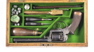 CASED ADAMS PATENT MODEL 1851 PERCUSSION REVOLVER made by AUGUSTE FRANCOTTE LIEGE BELGIUM for LE. PAGE MOUTIER A PARIS: 54 bore; 5 shot cylinder; 160mm (6¼”) octagonal barrel; vg bore; standard sights with top strap inscribed DEANE ADAMS & DEANE, LONDON A