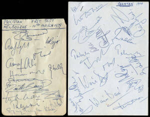 PAKISTAN: 1977 signed autograph pages (2); 1992-93 team sheets (2); also 1954 reprinted team photographs (7).