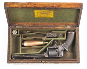 CASED DEANE ADAMS & DEANE DRAGOON PERCUSSION REVOLVER: 38 bore; 5 shot cylinder with London proofs; 193mm (7 5/8”) octagonal barrel; f to g bore; standard sights & DEANE ADAMS & DEANE Makers to H.R.H. PRINCE ALBERT 30 KING WILLIAM ST LONDON BRIDGE to top 