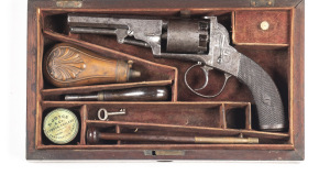 CASED WEBLEY BENTLY PERCUSSION REVOLVER: 80 bore; 6 shot cylinder; 108m (4¼”) octagonal barrel; poor bore; standard sights; borderline & foliate engraved frame, t/guard & back strap; slight wear to profiles; silver grey finish to barrel, cylinder, frame, 