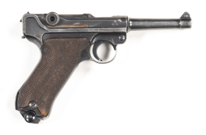 GERMAN WWII MAUSER P.08 LUGER SERVICE S/A PISTOL: 9mm; 8 shot mag; 102mm (4”) barrel; g. bore; standard sights; 1940 date to the breech; 42B code to the toggle; Third Reich inspection stamps to barrel & receiver; g. profiles & clear markings; retaining 7