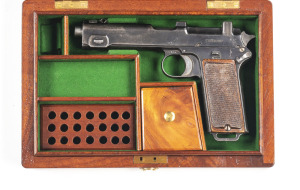 CHILEAN STEYR MOD 1911 S/A SERVICE PISTOL: 9mm Steyr; 8 shot mag; 127mm (5") barrel; g. bore; standard sights STEYR 1911 to lhs of slide; g. profiles & clear markings; retaining 75% original blue finish with most losses to top of slide & rhs; g. chequered