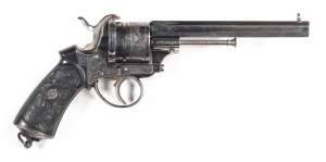 FRENCH LEFAUCHEUX LARGE FRAME PINFIRE REVOLVER: 12mm P/F; 6 shot cylinder engraved with game, birds & foliage; 158mm (6¼”) octagonal barre; exc bore; std sights & LEFAUCHEUX BTE ACIER FONDU to lhs of barrel; borderline, foliate engraved frame, t/guard, ba