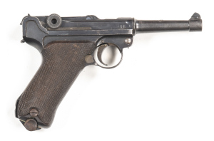 GERMAN ERFURT P08 WWI LUGER PISTOL: 9mm; 8 shot; 102mm (4”) barrel; f to g bore; standard sights; 1918 to the breech; IMPERIAL CROWN & ERFURT to the toggle; g. profiles & clear markings; retaining 65% original blue finish with most losses to grip frame; b