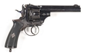 BELGIUM BREAK OPEN C/F LARGE FRAME REVOLVER: 450 Cal; 6 shot fluted cylinder; 137mm (5 3/8") round barrel with top rib struck with Birmingham proofs; g. bore with a section of fine pitting near the breech; borderline & fine English foliage engraving to fr