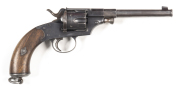 GERMAN MODEL 1879 REICHS REVOLVER: 10.55 Cal; 6 shot fluted cylinder; 178mm (7”) oct to round barrel; g, bore; standard sights; 1882 to lhs of frame & SUHL GCH MAKER; sharp profiles & clear markings; vg blue military finish with grey to back strap & t/gua