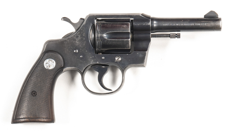 COLT OFFICIAL POLICE C/F REVOLVER: 38 Special; 6 shot fluted cylinder; 102m (4") barrel; vg bore; standard sights; HARTFORD address to rhs of barrel; Rampant Colt Trade mark to lhs of frame; vg profiles, clear address & markings; retaining 85% original bl