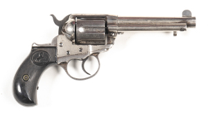 COLT LIGHTNING C/F REVOLVER: 38 Colt; 6 shot cylinder; 114mm (4½") barrel with ejector; replaced front sight; 2 line HARTFORD address; no visible CAL markings; Patent dates to lhs of frame; the letter A to the t/guard; g. profiles, clear address & Patent 