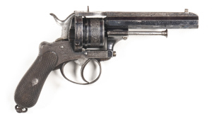 ACIERS FONDU MEDIUM FRAME PINFIRE REVOLVER: 9mm RF; 6 shot engraved non fluted cylinder; 114mm (4½") octagonal barrel; g. bore; standard sights; with ACIERS FONDU surmounted by a Crown over EL; borderline & foliate engraved frame, t/guard & back strap; vg