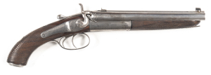 JAMES ROSIER MELBOURNE D/B C/F COACH GUN: 350 Rigby; 2 shot; 216mm (8½") round barrels; g. bores with slight wear; machine cut rib with dovetail blade front sight, rear sight with one standing & two folding; foliate engraved back action locks inscribed J.