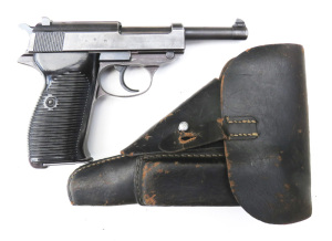 WALTHER WWII P-38 S/A SERVICE PISTOL: 9mm; 8 shot mag; 127mm (5”) barrel; g. bore; standard sights; WAFFENFABRIK stamps to rhs of slide; P38 AC 43 to lhs of frame; g. profiles & clear markings; retaining 60% original blacked finish; vg reeded black plasti