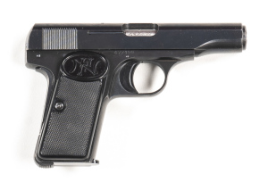 F.N. BROWNING MODEL 10 S/A POCKET PISTOL: 32 ACP: 7 shot mag; 89mm (3½") barrel; g. bore; standard sights & grip safety; sharp profiles with clear FN address to lhs of slide; retaining 99% original blue finish; exc FN black plastic grips; all complete wit