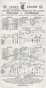 1980 AUSTRALIAN TEAM, scorecard for Centenary Test, with 12 signatures including Greg Chappell, Kim Hughes, Allan Border & Dennis Lillee.