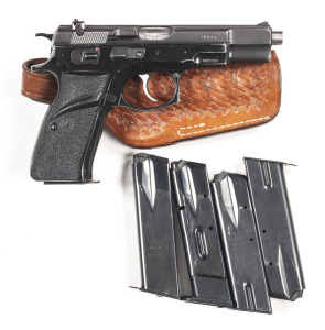 CZ MODEL 85 S/AUTO PISTOL: 9mm Luger; 10 shot mag; 121mm (7.75") barrel; g. bore; standard sights; alloy frame; steel slide with Cal markings & MODEL 85; frame has MADE IN CZECHOSLOVAKIA; g. profiles & clear markings; grey finish to slide; vg black painte