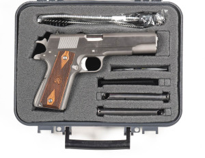 SPRINGFIELD ARMORY MOD 1911-MIL-SPEC S/A PISTOL: 45 ACP; 8 shot mag; 127mm (5") barrel; matt grey finish to top of slide, polished in the white to lhs, marked MIL-SPEC & SPRINGFIELD ARMORY & COMPANY trade mark to rhs; Springfield Colt type diamond grips; 