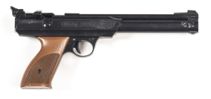 U.S. DAISY POWER LINE 717 AIR PISTOL: 177 Cal; s/shot; 245mm (9 5/8") barrel; fine bore; standard sights & receiver markings; pistol is NIB with a full blacked finish; exc wo & new cond. In its original factory box. #M.116187 Post '47 L/R