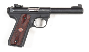 RUGER 22/45 MKIII TARGET S/A PISTOL: 22 L.R.; 10 shot mag; 140mm (5½") round barrel; exc bore; standard sights, barrel & frame address & markings; sharp profiles & markings; pistol retains all original blacked finish; exc Ruger chequered grip; gwo & exc c