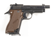 FRENCH UNIQUE MOD BCF-66 S/A PISTOL: 32ACP; 7 shot mag; 102mm (4") barrel; g. bore; standard sights, rhs slide address & markings; vg profiles & clear markings; thinning blue finish to slide, stronger on the frame; brown chequered plastic grips with a lar