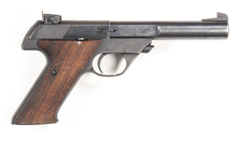 HI-STANDARD SHARP SHOOTER S/A R/F PISTOL: 22 Cal; 10 shot mag; 140mm (5½") round barrel; g. bore; standard sights, barrel address & markings; g. profiles & clear markings; blue/grey finish to barrel & frame; g. original chequered wooden grips; gwo & cond.