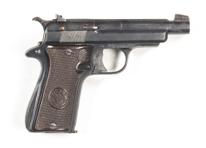 STAR MODEL F. S/A R/F POCKET PISTOL: 22 Cal; 10 shot mag; 98mm (3 7/8") barrel; g. bore; standard sight; Star address & Cal markings to lhs of slide; g. profiles & clear markings; 75% original blacked finish remains with minor marks; vg Star brown chequer